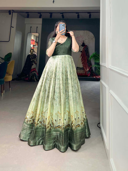 Green Color Printed With Weaving Border Tussar Silk Dress