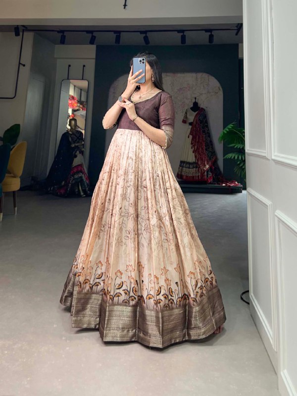 Brown Color Printed With Weaving Border Tussar Silk Dress