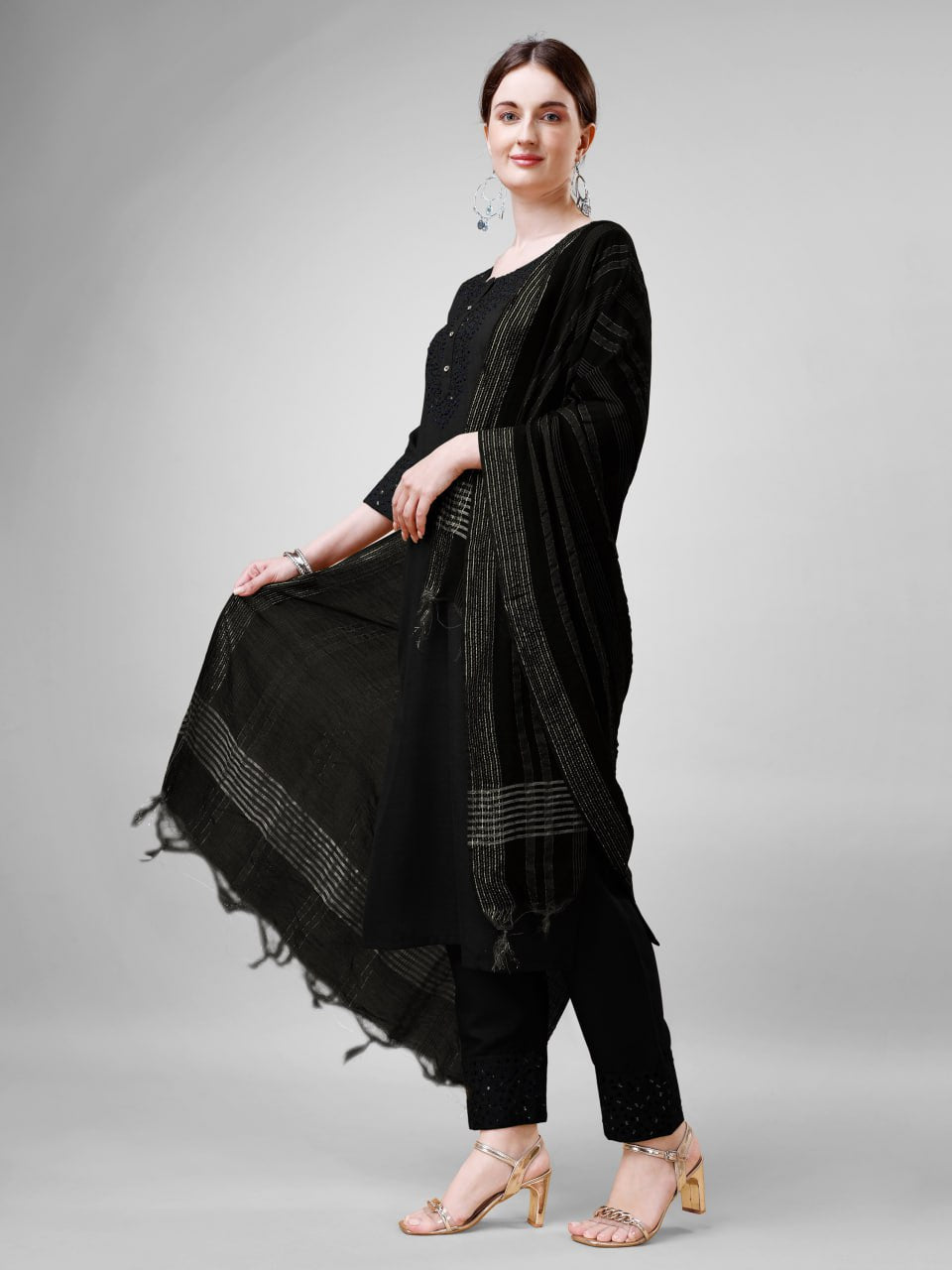 Black Colour Cotton Blend with Embroidery and Sequence Work Kurti Pant