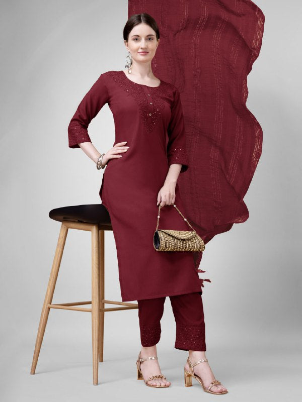 Maroon Colour Cotton Blend with Embroidery and Sequence Work Kurti Pant