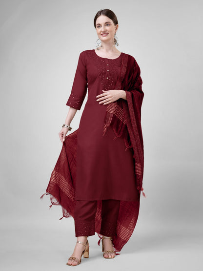 Maroon Colour Cotton Blend with Embroidery and Sequence Work Kurti Pant