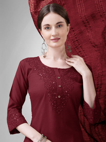 Maroon Colour Cotton Blend with Embroidery and Sequence Work Kurti Pant