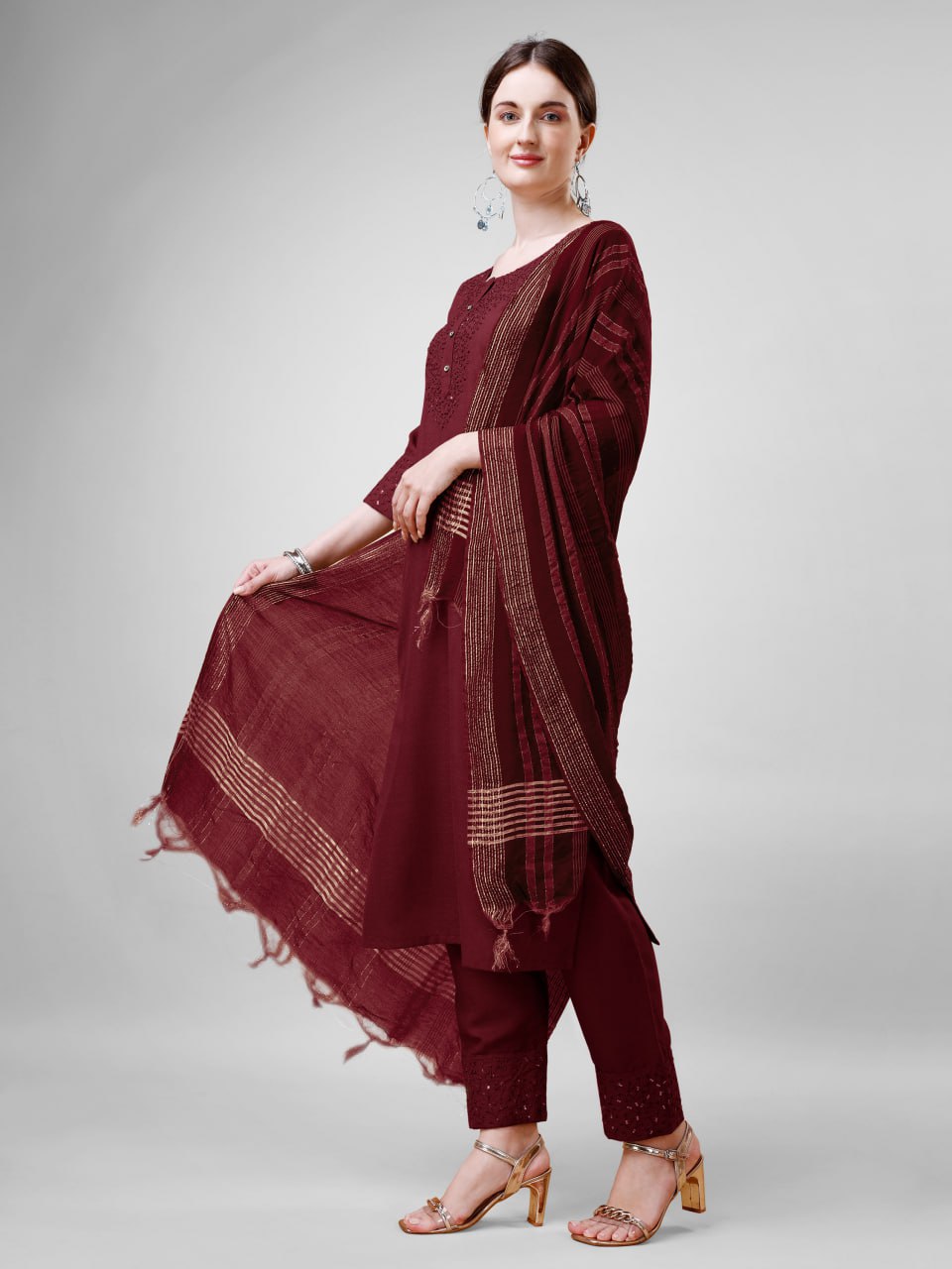 Maroon Colour Cotton Blend with Embroidery and Sequence Work Kurti Pant