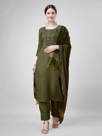 Mehendi Colour Cotton Blend with Embroidery and Sequence Work Kurti Pant