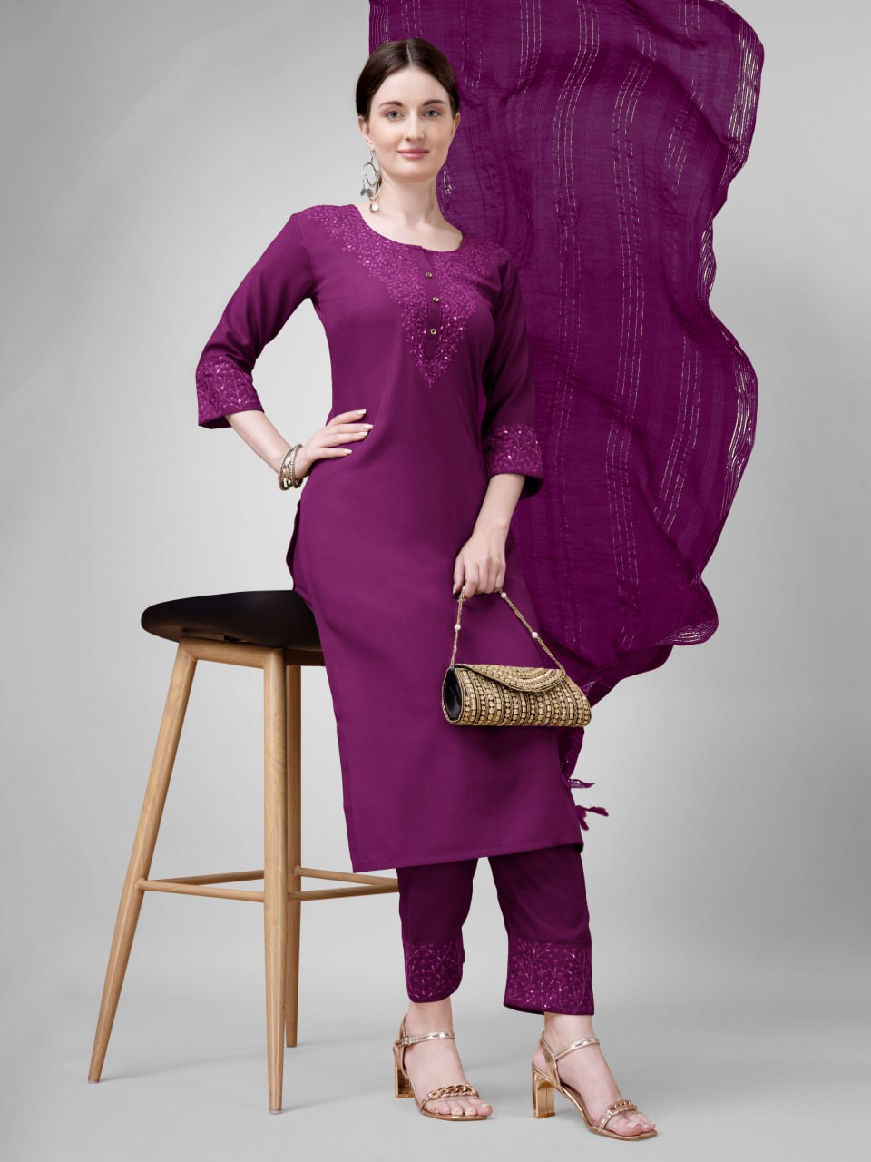Purple Colour Cotton Blend with Embroidery and Sequence Work Kurti Pant