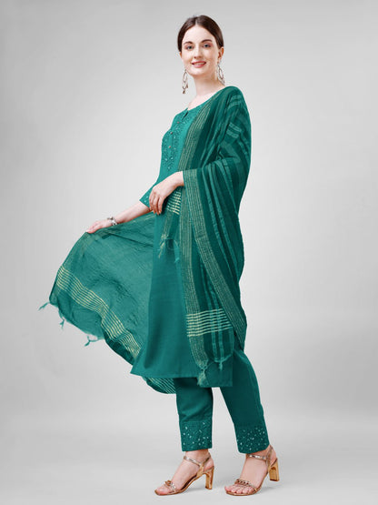 Rama Colour Cotton Blend with Embroidery and Sequence Work Kurti Pant