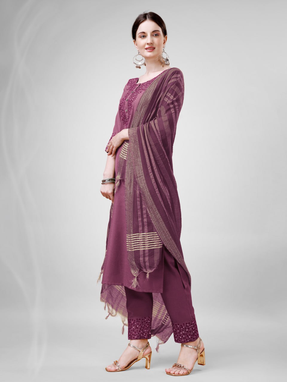Wine Colour Cotton Blend with Embroidery and Sequence Work Kurti Pant