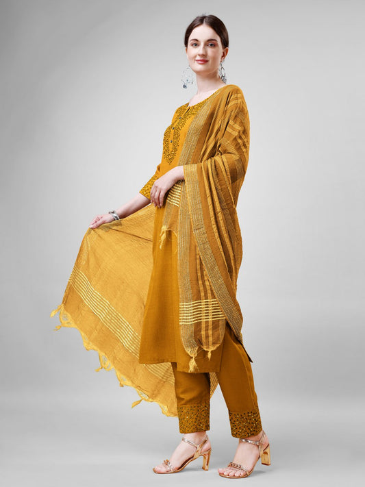 Yellow Colour Cotton Blend with Embroidery and Sequence Work Kurti Pant