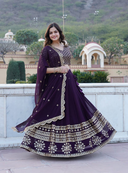 Wine Faux Blooming Georgette With Heavy Sequins Embroidered Work Lehenga
