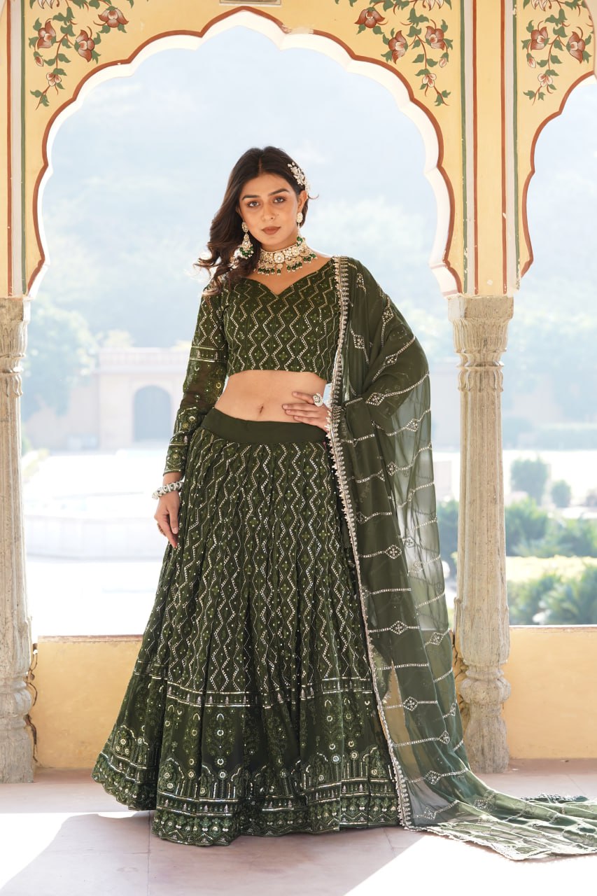 Green Faux Georgette With Sequins & Thread Embroidered work Lehenga Choli