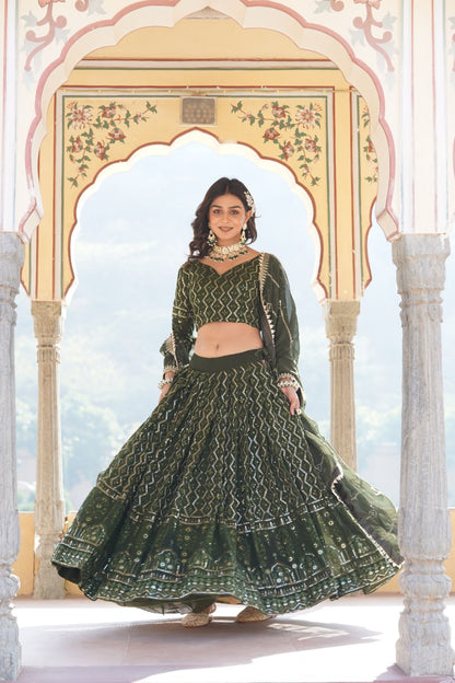 Green Faux Georgette With Sequins & Thread Embroidered work Lehenga Choli