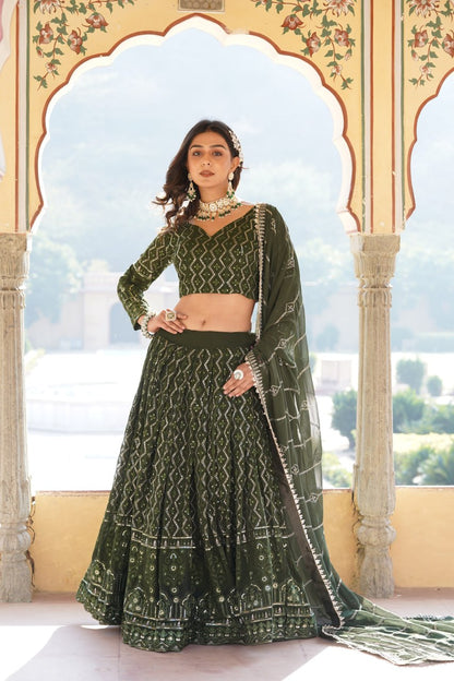 Green Faux Georgette With Sequins & Thread Embroidered work Lehenga Choli