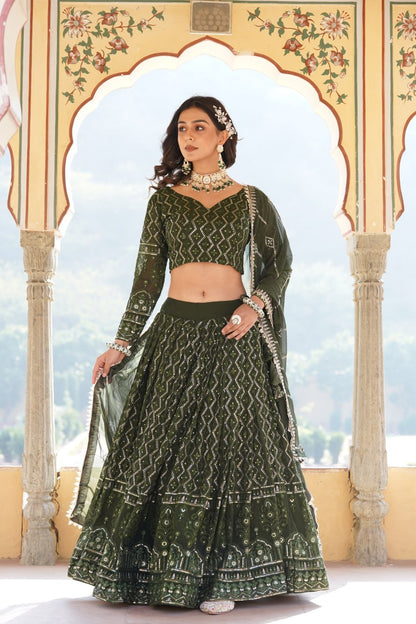 Green Faux Georgette With Sequins & Thread Embroidered work Lehenga Choli