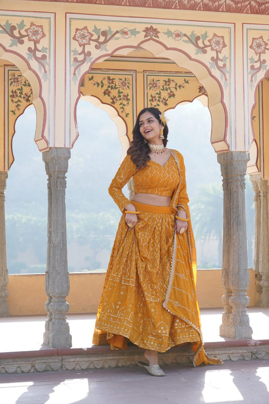 Yellow Faux Georgette With Sequins & Thread Embroidered work Lehenga Choli