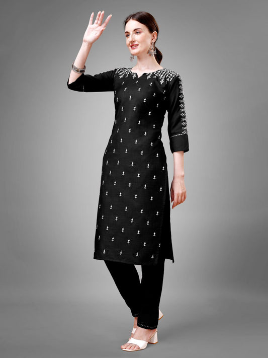 Black Colour Cotton Blend with Embroidery and Sequence Work Kurti Pant