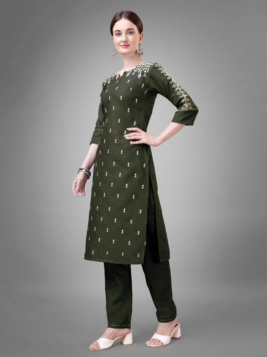 Dark Green Colour Cotton Blend with Embroidery and Sequence Work Kurti Pant