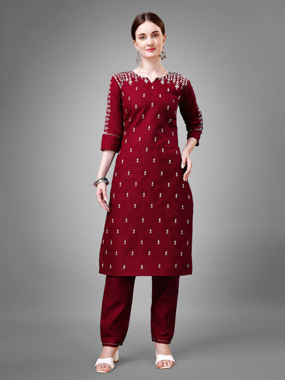 Maroon Colour Cotton Blend with Embroidery and Sequence Work Kurti Pant