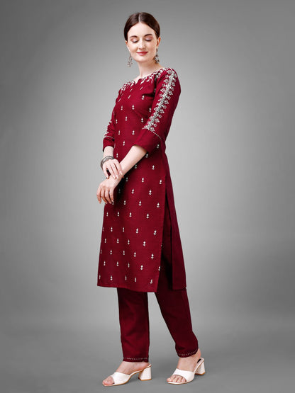 Maroon Colour Cotton Blend with Embroidery and Sequence Work Kurti Pant