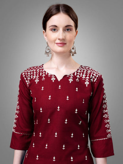 Maroon Colour Cotton Blend with Embroidery and Sequence Work Kurti Pant