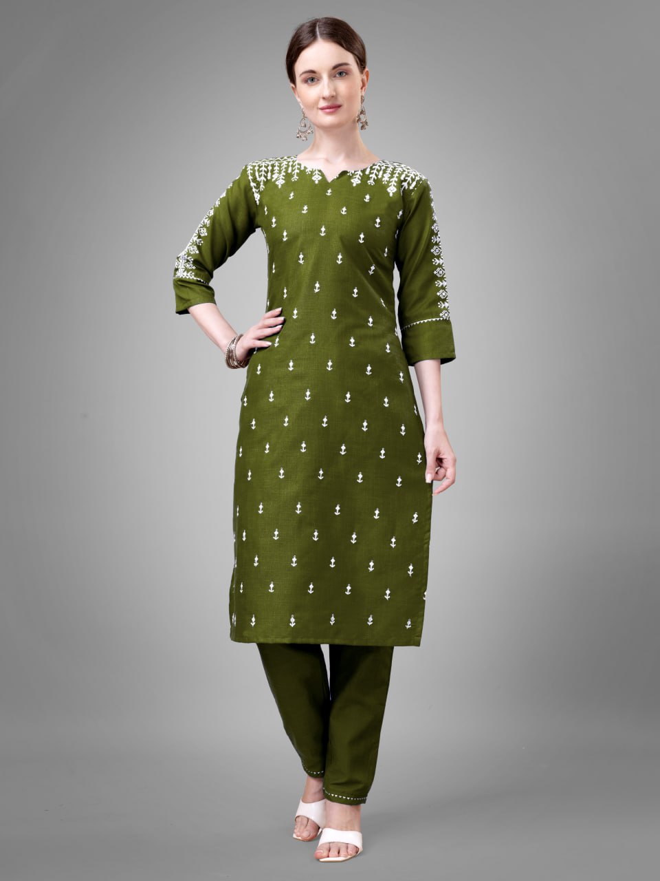 Mehendi Colour Cotton Blend with Embroidery and Sequence Work Kurti Pant