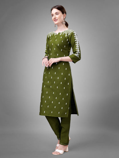 Mehendi Colour Cotton Blend with Embroidery and Sequence Work Kurti Pant