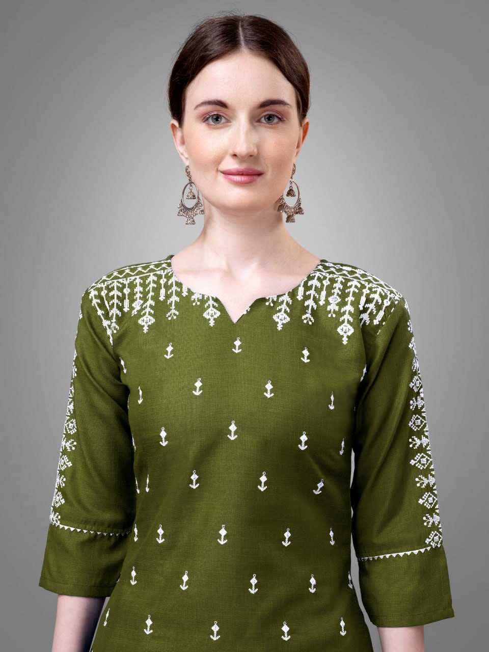 Mehendi Colour Cotton Blend with Embroidery and Sequence Work Kurti Pant