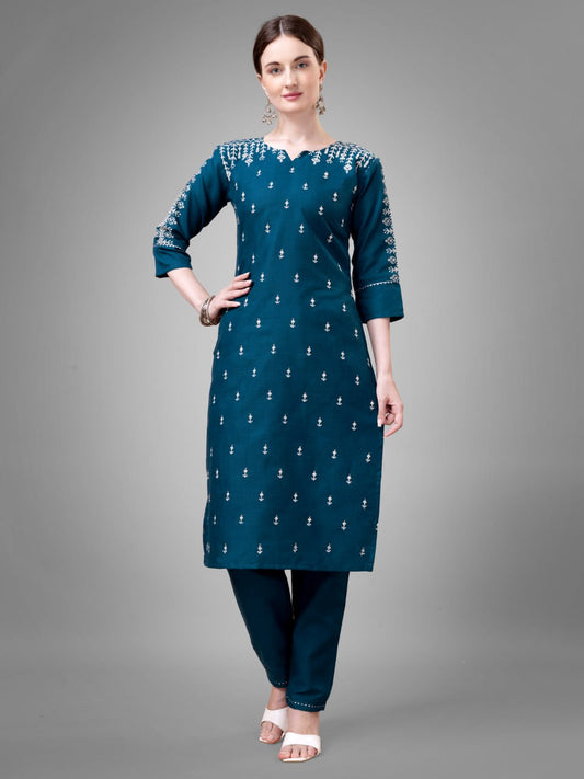 Morpich Colour Cotton Blend with Embroidery and Sequence Work Kurti Pant