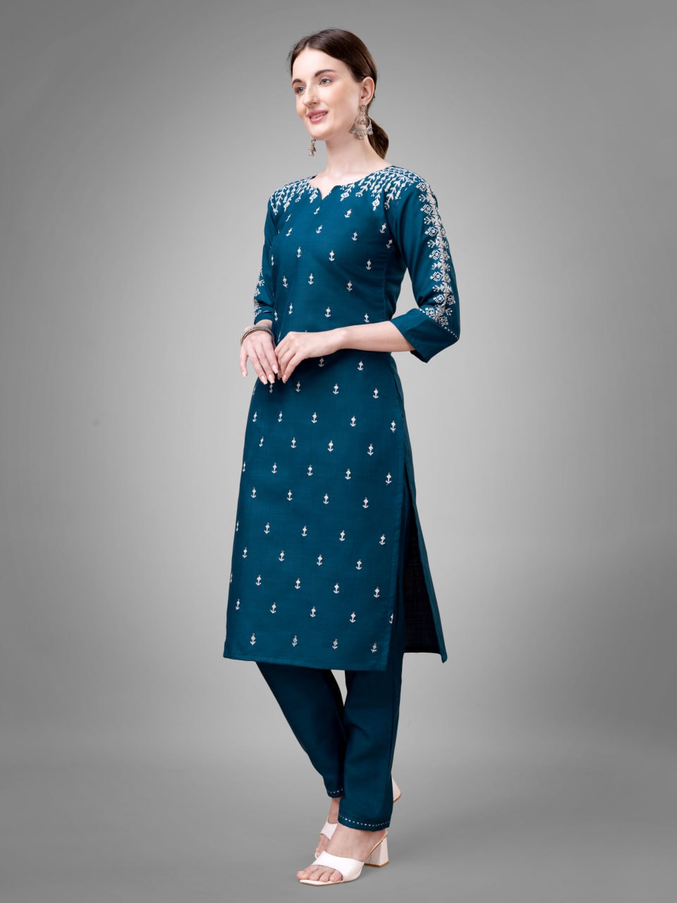 Morpich Colour Cotton Blend with Embroidery and Sequence Work Kurti Pant