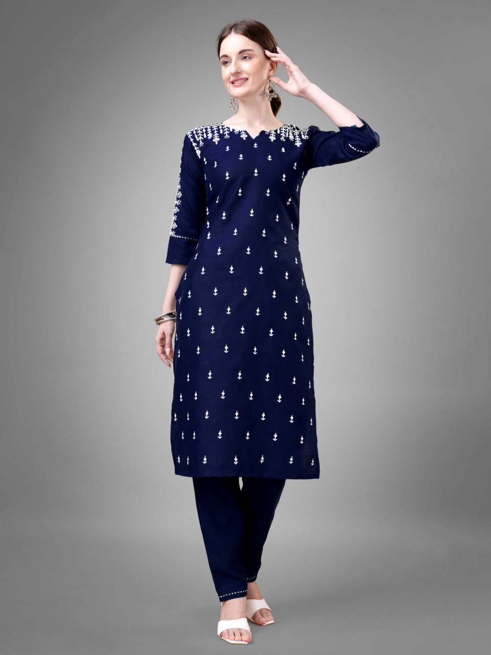 Navy Blue Colour Cotton Blend with Embroidery and Sequence Work Kurti Pant