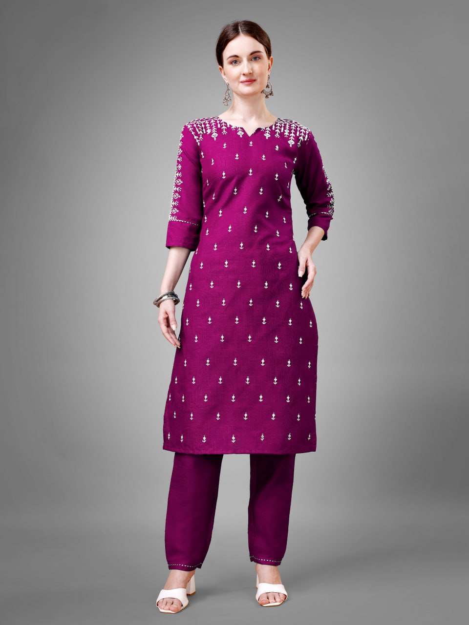 Purple Colour Cotton Blend with Embroidery and Sequence Work Kurti Pant