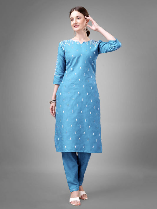 Sky Blue Colour Cotton Blend with Embroidery and Sequence Work Kurti Pant