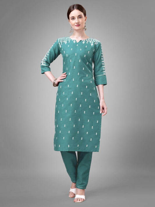 Teal Colour Cotton Blend with Embroidery and Sequence Work Kurti Pant