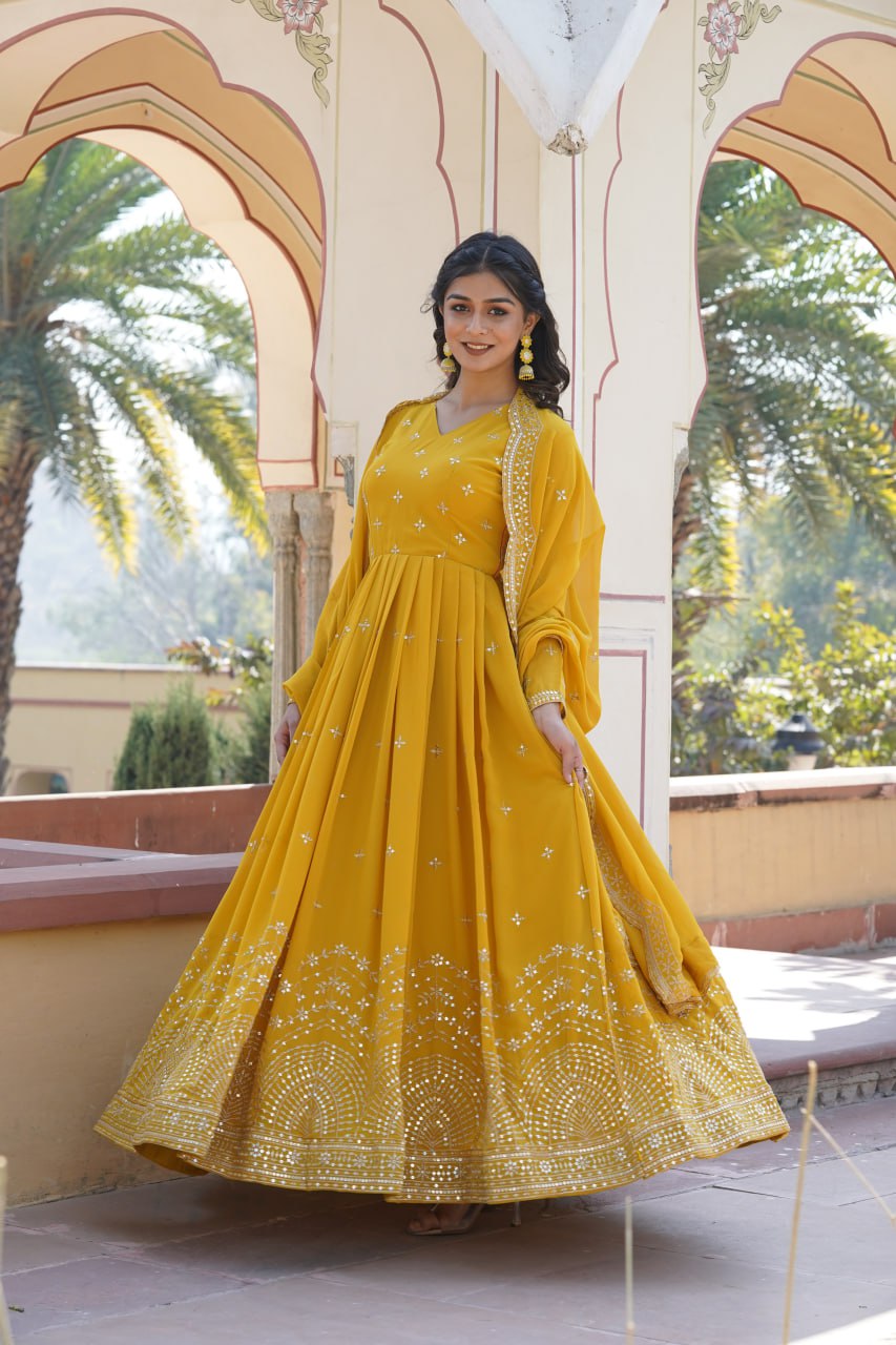 Yellow Fancy V Neck Faux Georgette With Zari and Sequins Embroidery Work Gown
