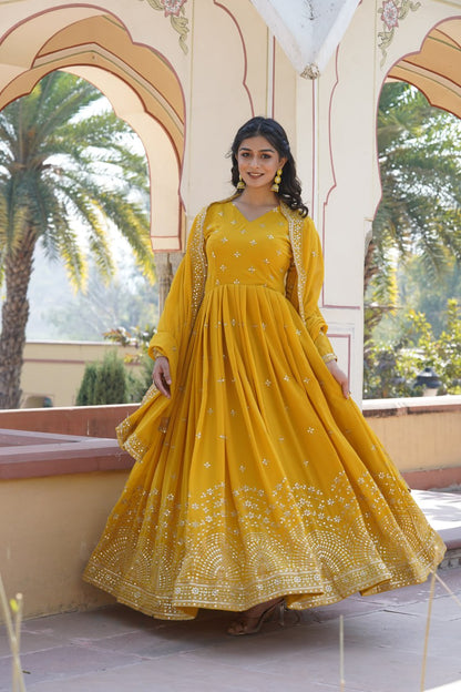 Yellow Fancy V Neck Faux Georgette With Zari and Sequins Embroidery Work Gown