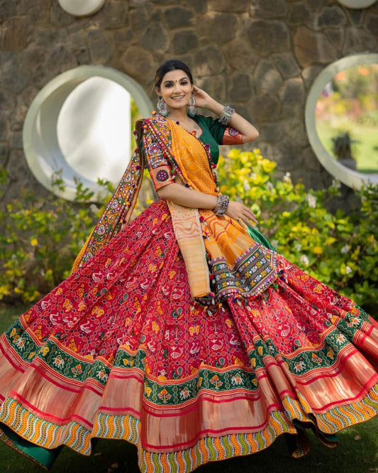 Yellow Pink Color Fancy Digital Print Work Soft Butter Silk Real Mirror Work Navaratri Lehenga Choli