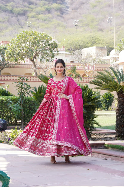 Pink Viscose Diable Jacquard With Sequins Embroidered Work Russian Silk Gown