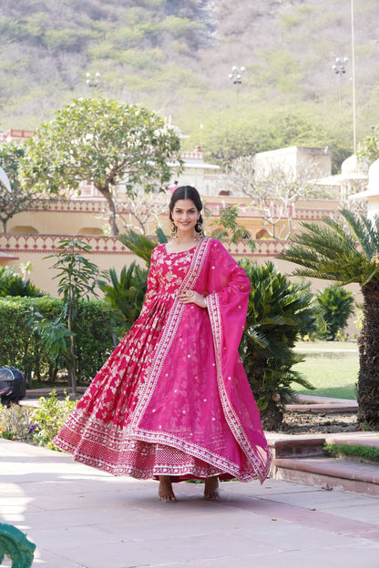 Pink Viscose Diable Jacquard With Sequins Embroidered Work Russian Silk Gown