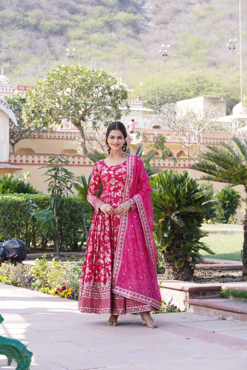 Pink Viscose Diable Jacquard With Sequins Embroidered Work Russian Silk Gown