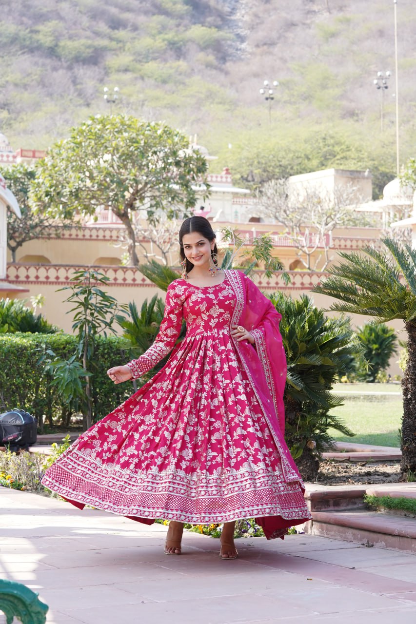 Pink Viscose Diable Jacquard With Sequins Embroidered Work Russian Silk Gown