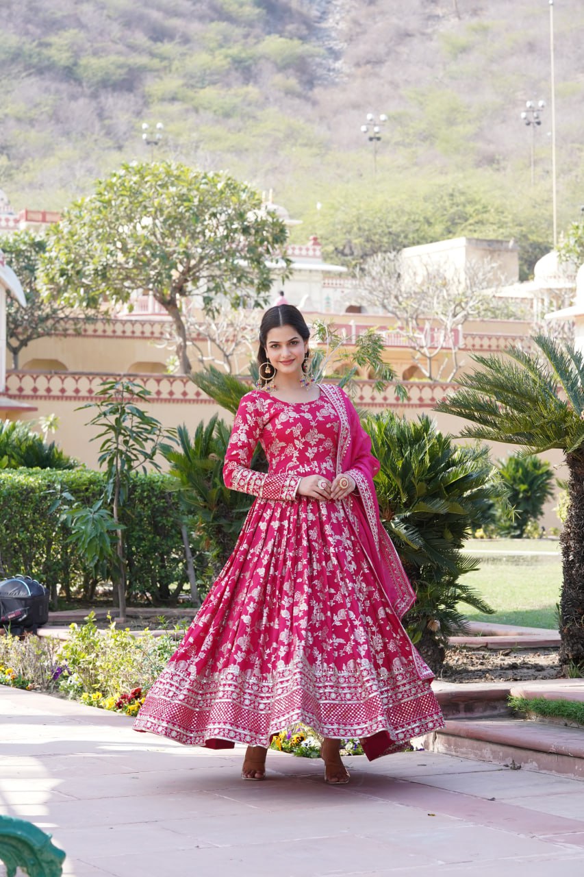 Pink Viscose Diable Jacquard With Sequins Embroidered Work Russian Silk Gown