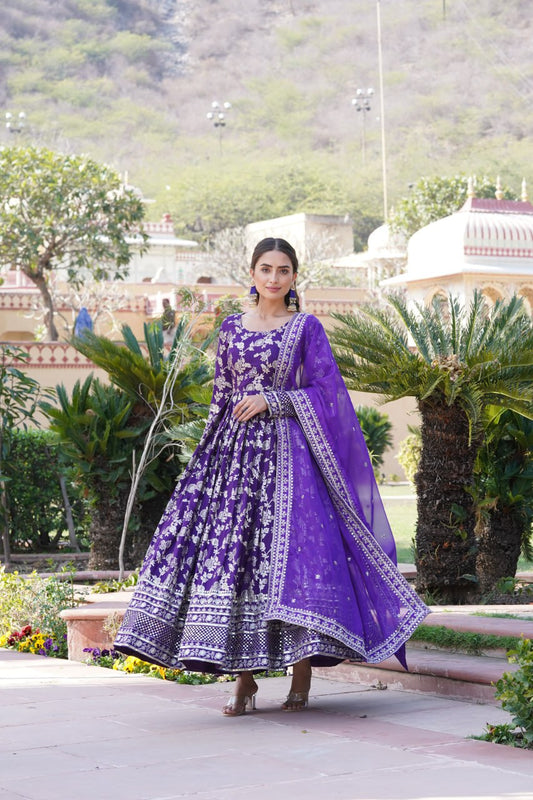 Purple Viscose Diable Jacquard With Sequins Embroidered Work Russian Silk Gown