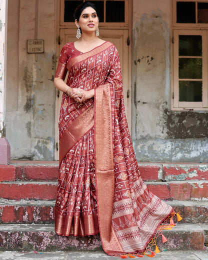 PURE SILK DIGITALLY PRINTED SAREE WEAVED WITH GOLDEN ZARI COMES WITH TASSELS