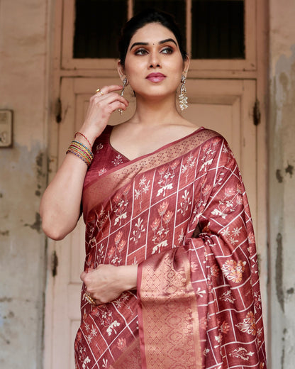 PURE SILK DIGITALLY PRINTED SAREE WEAVED WITH GOLDEN ZARI COMES WITH TASSELS