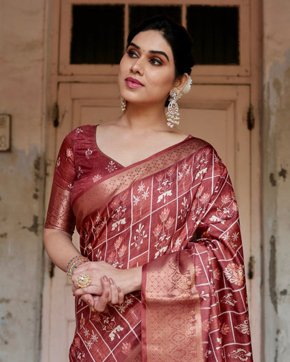 PURE SILK DIGITALLY PRINTED SAREE WEAVED WITH GOLDEN ZARI COMES WITH TASSELS