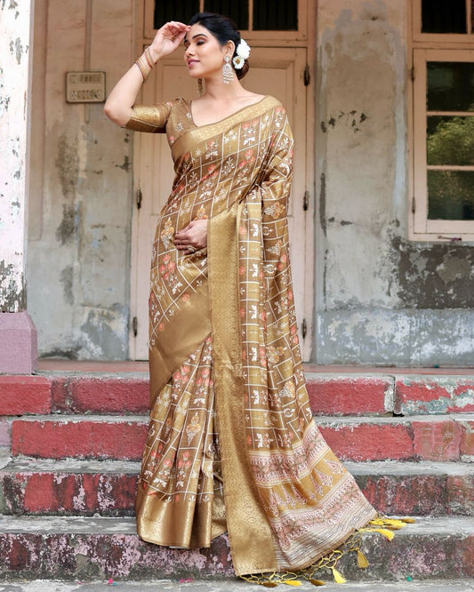 PURE SILK DIGITALLY PRINTED SAREE WEAVED WITH GOLDEN ZARI COMES WITH TASSELS