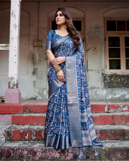 PURE SILK DIGITALLY PRINTED SAREE WEAVED WITH GOLDEN ZARI COMES WITH TASSELS