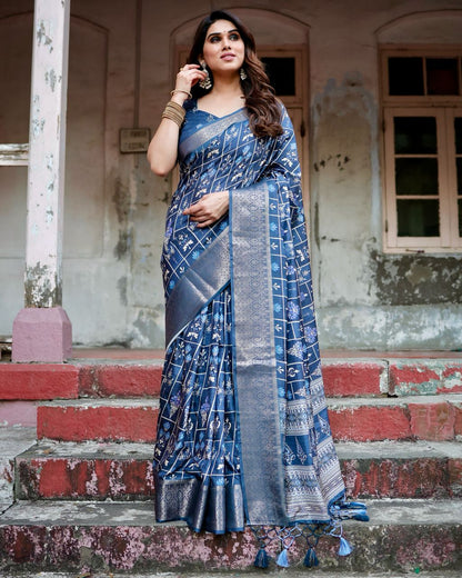 PURE SILK DIGITALLY PRINTED SAREE WEAVED WITH GOLDEN ZARI COMES WITH TASSELS