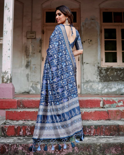 PURE SILK DIGITALLY PRINTED SAREE WEAVED WITH GOLDEN ZARI COMES WITH TASSELS