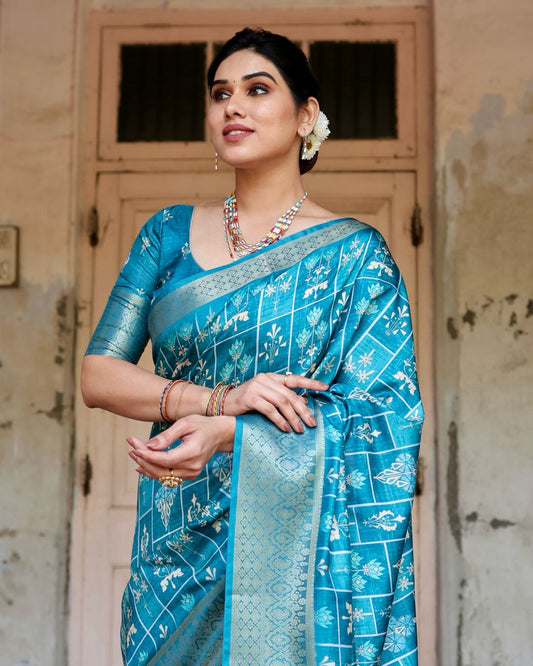 PURE SILK DIGITALLY PRINTED SAREE WEAVED WITH GOLDEN ZARI COMES WITH TASSELS