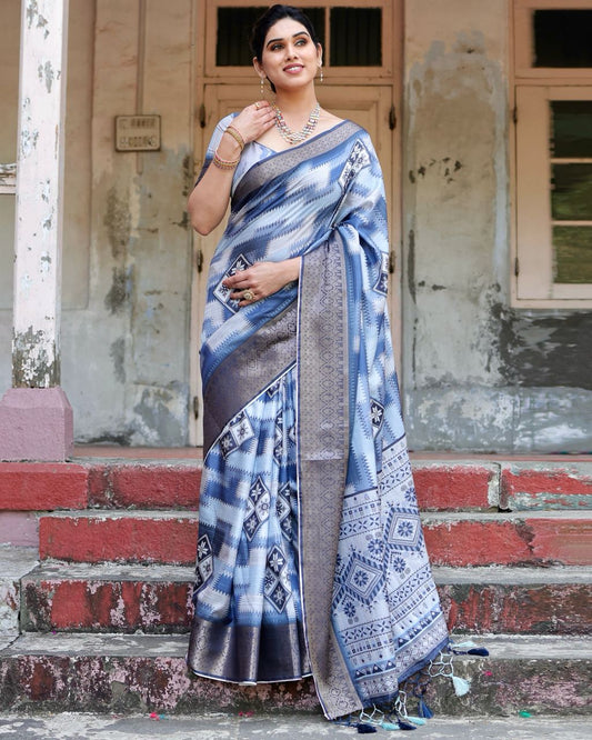 PURE SILK DIGITALLY PRINTED SAREE WEAVED WITH GOLDEN ZARI COMES WITH TASSELS